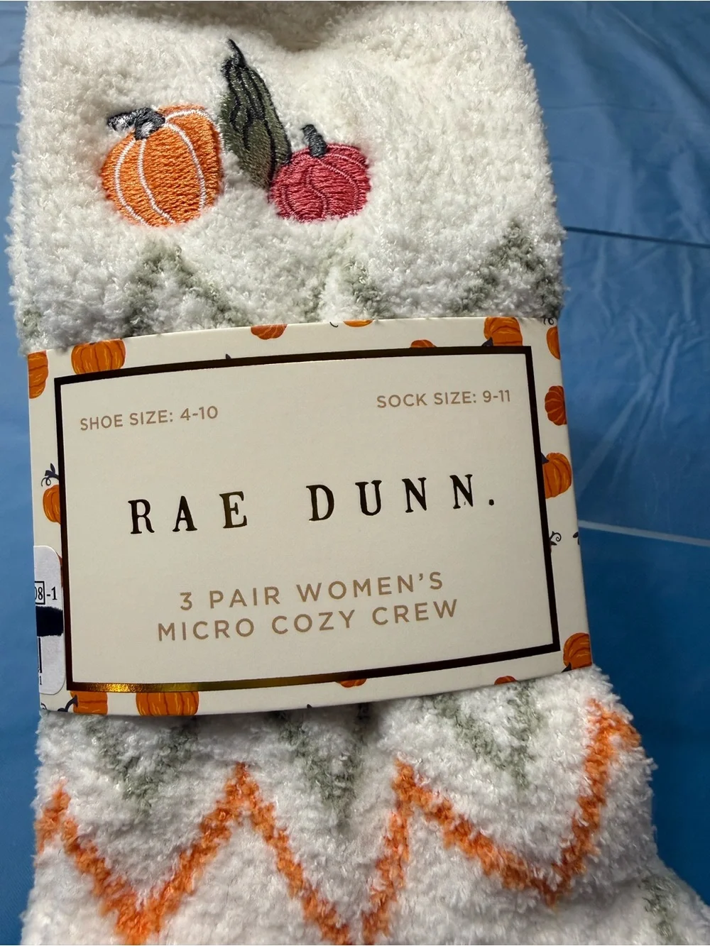 3 pairs Rae Dunn Cream Cozy Crew Socks Orange & Green Zigzags Fall Theme NWT